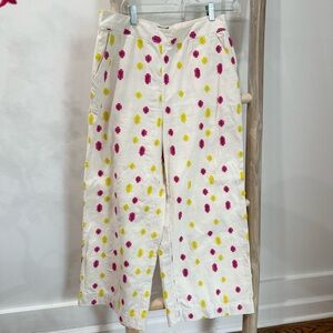 Anthropologie Pink and Yellow Embroidered Wide Leg Pants